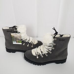 New BearPaw Womens Vanna Gray Suade Faux Fur Lace up Boots Size 9